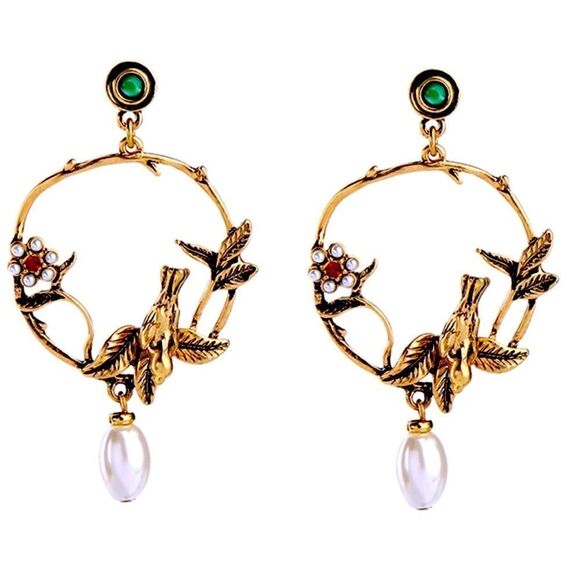 Jewelry - Vintage Inspired Bird Flowers Leaves Faux Pearl Hoop Earrings NWT